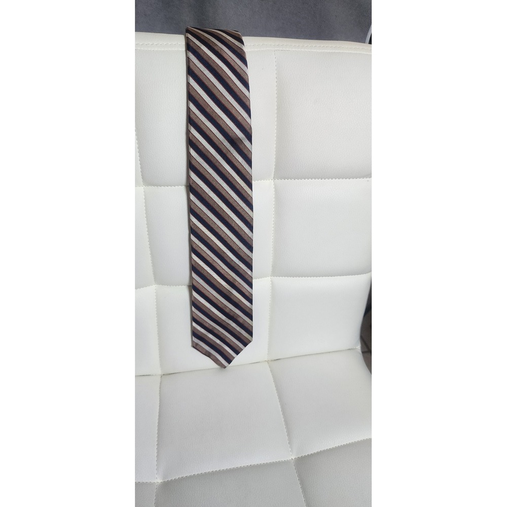 Christian Dior Mens Silk‎ Tie Navy Blue Brown White Striped Vintage Cravates 54"